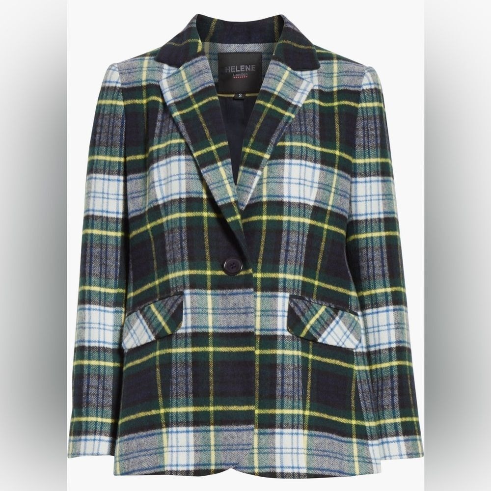 Helene Berman - Boxy Plaid One Button 2 Pocket Blazer - Sz. Small - Blue & Green